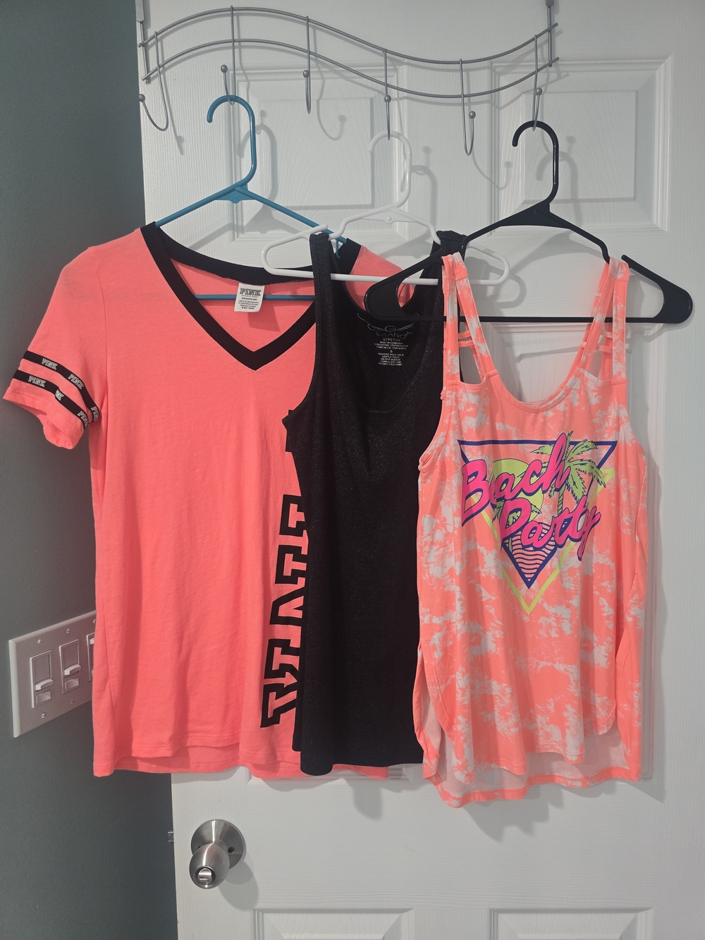 PINK Victoria's Secret Neon Coral V‑Neck Beach Party Tank Black Sparkle Tank